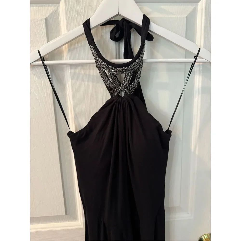 Cache Black Jersey Chain Adorned Halter Tie Maxi Dress sz XS